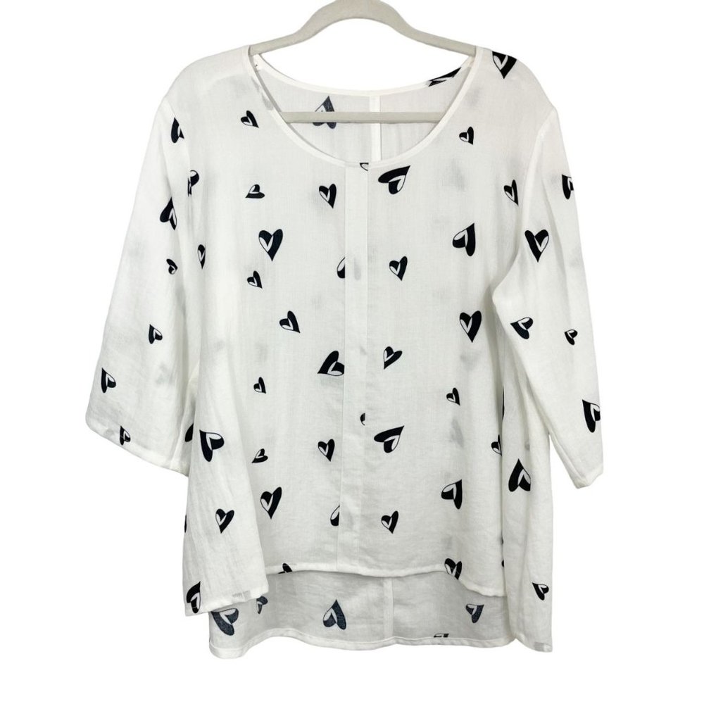 Fridaze 100% Linen White Black Heart Print High Low Top Lagenlook Artsy LARGE